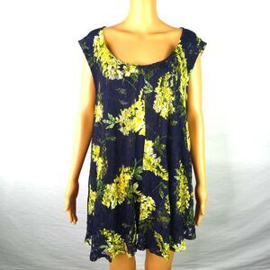 Avenue Lace Overlay Sleeveless Blouse Top Plus  Size Blue Yellow Floral 26 / 28